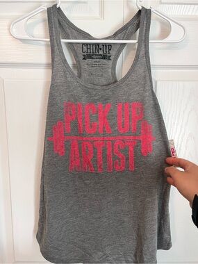 Chin Up Apparel Gray Racerback Tank with Pink 'Pick Up Artist' Graphic